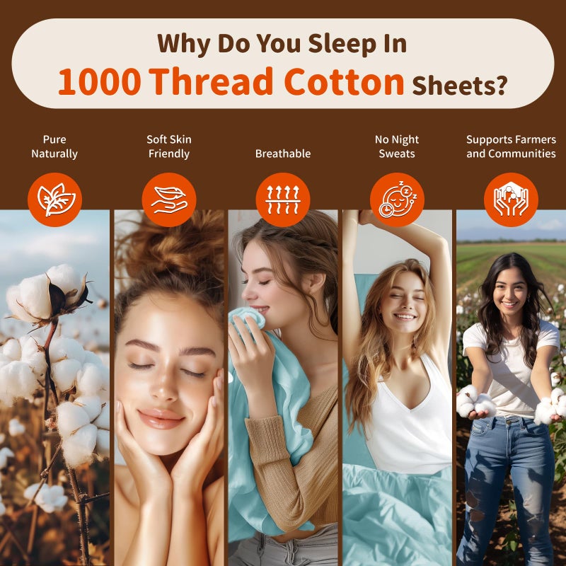 LBRO2M 1000 Thread Count 100 ٪ صفائح قطنية مصرية محددة الحجم الكامل 4 مجموعات ورقة السرير ورقة الجيب العميقة 16 "" ناعم مريح طوال الموسم (الأزرق الفاتح الكامل) - Image 4