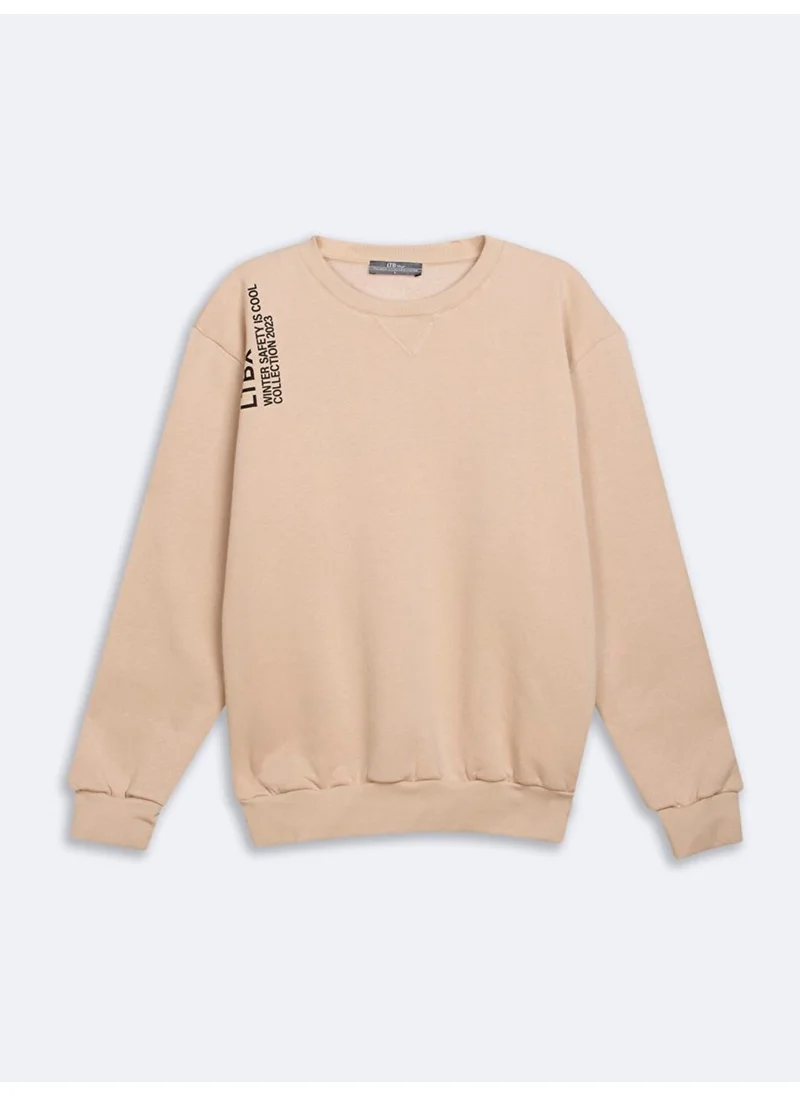LTB Slogan Zero Collar Long Sleeve Regular Fit Beige Sweatshirt