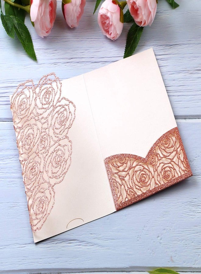 Rodvanvo 20 Pcs Laser Cut Wedding Invitations Card Pocket with Envelope for Birthday Party Baby or Bride Shower Invite suitable for 5 * 7 Inches Insert Paper (Rose Gold Glitter) - Image 3