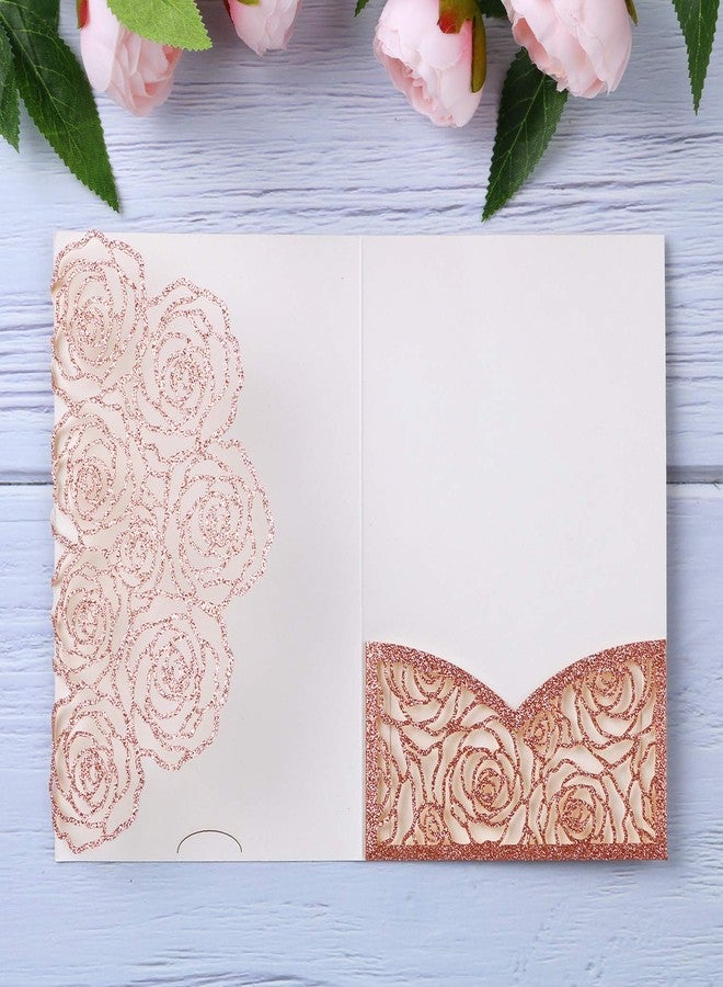 Rodvanvo 20 Pcs Laser Cut Wedding Invitations Card Pocket with Envelope for Birthday Party Baby or Bride Shower Invite suitable for 5 * 7 Inches Insert Paper (Rose Gold Glitter) - Image 1