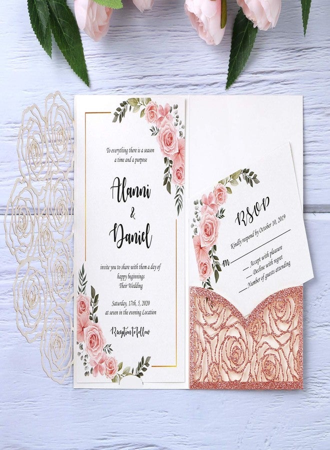 Rodvanvo 20 Pcs Laser Cut Wedding Invitations Card Pocket with Envelope for Birthday Party Baby or Bride Shower Invite suitable for 5 * 7 Inches Insert Paper (Rose Gold Glitter) - Image 2