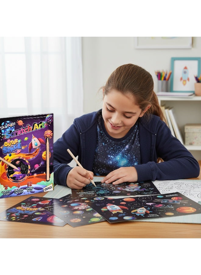 SKOODLE Outer Space Scratch Art with Scraper| Art &Craft Kit | Mess Free Activity| Learning Toy For Kids | Age 3+ - Image 2