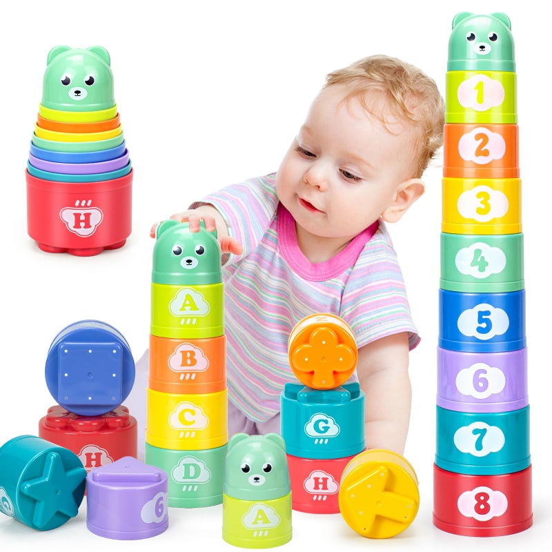 Ynanimery Stacking Cups Toys for Toddlers 1-3, Baby Toys Stacking Cups & Soft Blocks Teething Toys for Babies 6-12 Months Montessori Educational or Bath Fun, Stacking Cups - Image 1