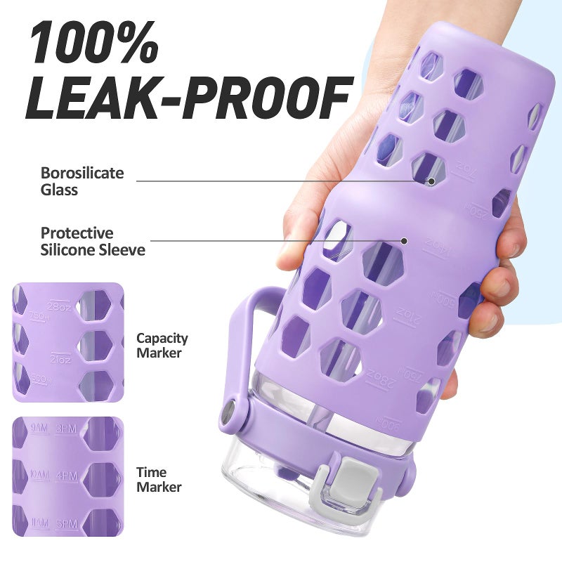 MUKOKO 32 oz Glass Tumbler with Straw,Glass Water Bottles with Time Marker,Iced Coffee Cup with Silicone Sleeve,Motivational Drinking Bottles,Leakproof-Purple - Image 4