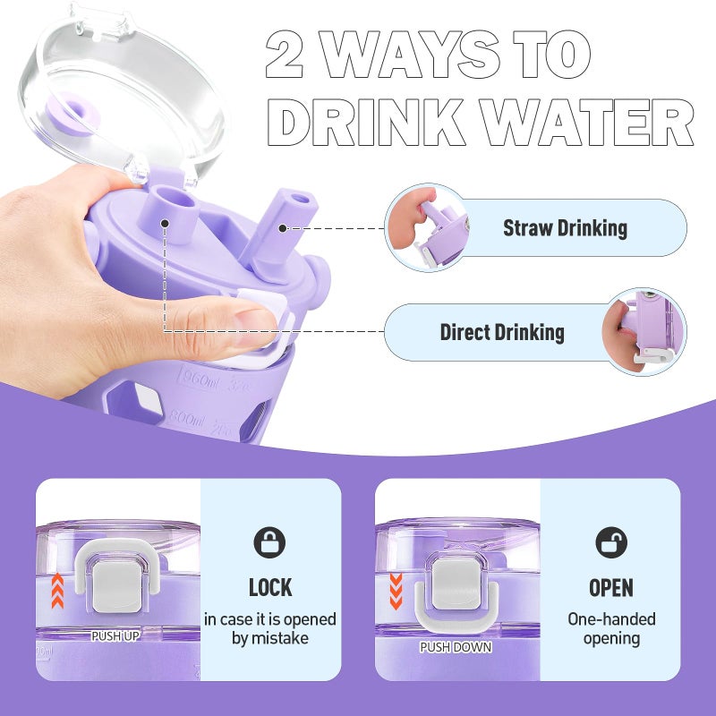 MUKOKO 32 oz Glass Tumbler with Straw,Glass Water Bottles with Time Marker,Iced Coffee Cup with Silicone Sleeve,Motivational Drinking Bottles,Leakproof-Purple - Image 2
