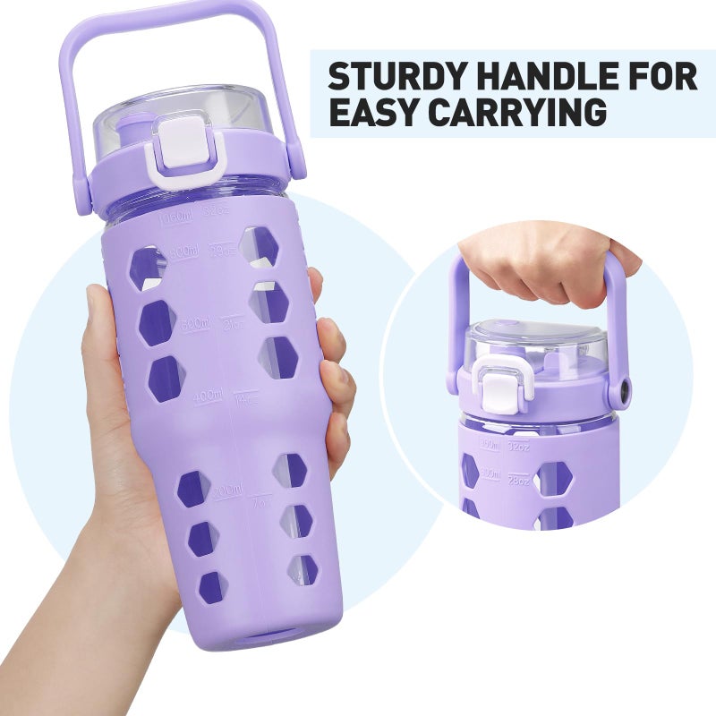 MUKOKO 32 oz Glass Tumbler with Straw,Glass Water Bottles with Time Marker,Iced Coffee Cup with Silicone Sleeve,Motivational Drinking Bottles,Leakproof-Purple - Image 5
