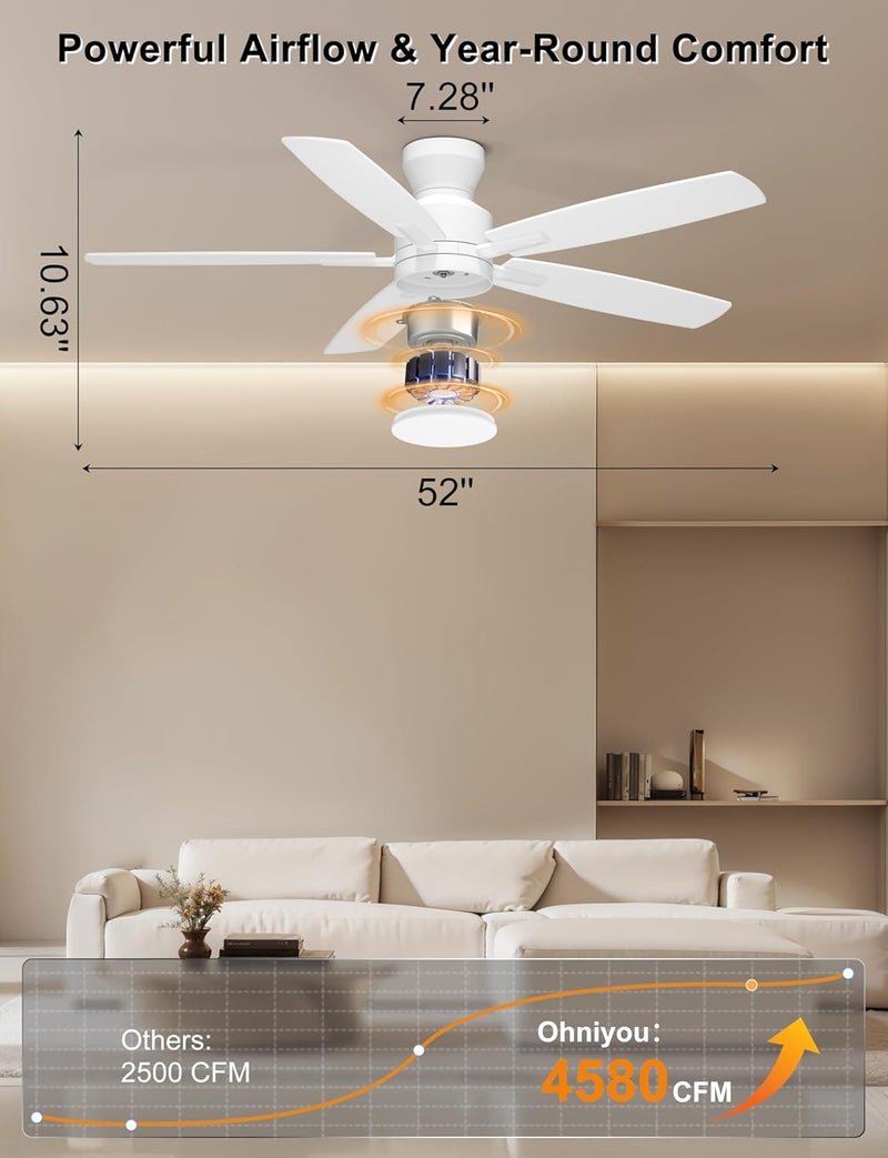 Ohniyou Ceiling Fans with Lights, 52'' Low Profile Ceiling Fan with Light and Remote/APP Control, Modern Flush Mount Ceiling Fan for Indoor Bedroom Living Room, Dimmable, Qiuet DC Motor, White - Image 4
