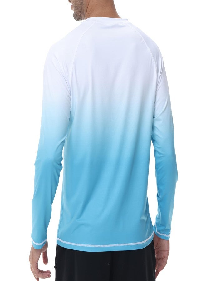 Satankud Men's Long Sleeve Swim Shirts Rashguard UPF 50+ UV Sun Protection Shirt Athletic Workout Hiking T-Shirt Swimwear (White Gradient SkyBlue,Large) - Image 3