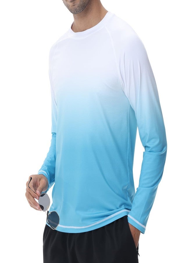 Satankud Men's Long Sleeve Swim Shirts Rashguard UPF 50+ UV Sun Protection Shirt Athletic Workout Hiking T-Shirt Swimwear (White Gradient SkyBlue,Large) - Image 2