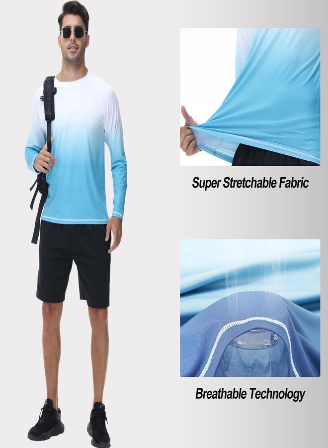 Satankud Men's Long Sleeve Swim Shirts Rashguard UPF 50+ UV Sun Protection Shirt Athletic Workout Hiking T-Shirt Swimwear (White Gradient SkyBlue,Large) - Image 4