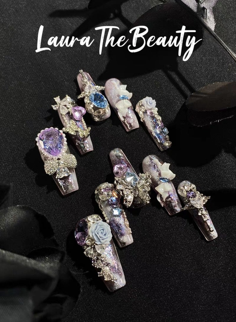 LauraTheBeauty 【Land of Dreams】10 Pcs Rhinestone Nail Art False Nails Short Square Fake Nails Press on Nails with Wearing Tools - Image 2