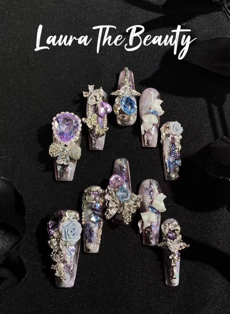 LauraTheBeauty 【Land of Dreams】10 Pcs Rhinestone Nail Art False Nails Short Square Fake Nails Press on Nails with Wearing Tools - Image 1