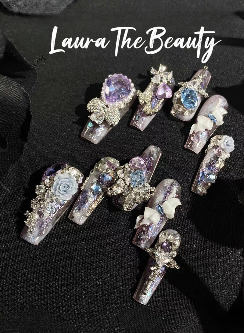 LauraTheBeauty 【Land of Dreams】10 Pcs Rhinestone Nail Art False Nails Short Square Fake Nails Press on Nails with Wearing Tools - Image 3