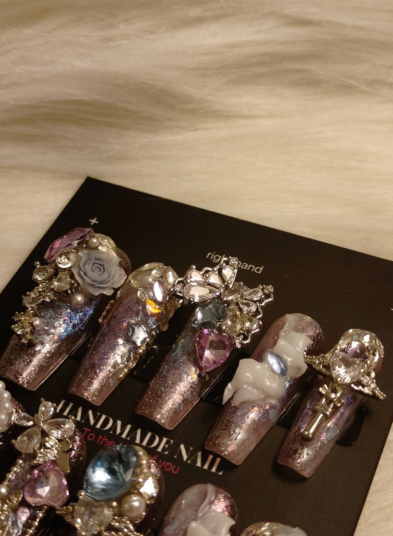 LauraTheBeauty 【Land of Dreams】10 Pcs Rhinestone Nail Art False Nails Short Square Fake Nails Press on Nails with Wearing Tools - Image 5