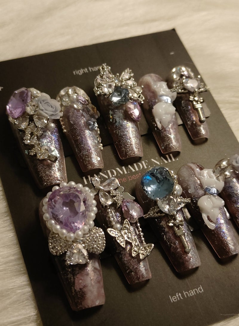 LauraTheBeauty 【Land of Dreams】10 Pcs Rhinestone Nail Art False Nails Short Square Fake Nails Press on Nails with Wearing Tools - Image 4