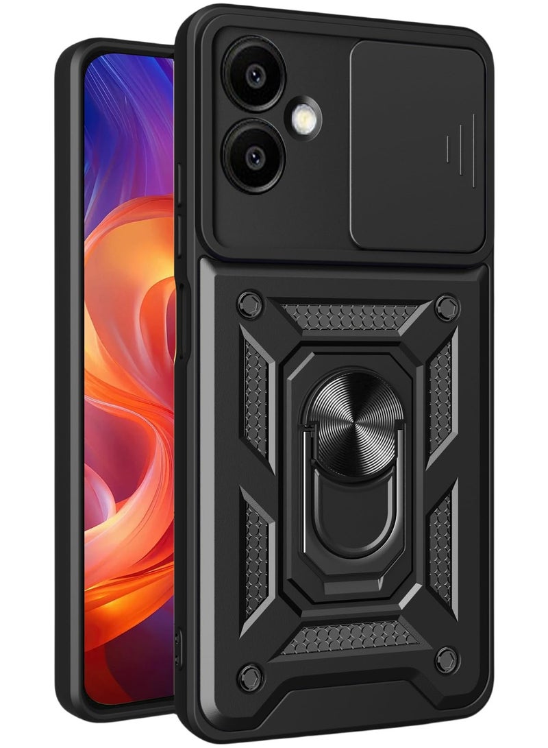 Samsung Galaxy A06 4G Case Cover, Slide Camera Lens Cover + 360°Rotating Kickstand Ring + Support Magnetic Car Mount Shockproof Mobile Phone Case For Samsung Galaxy A06 4G, Black - Image 1