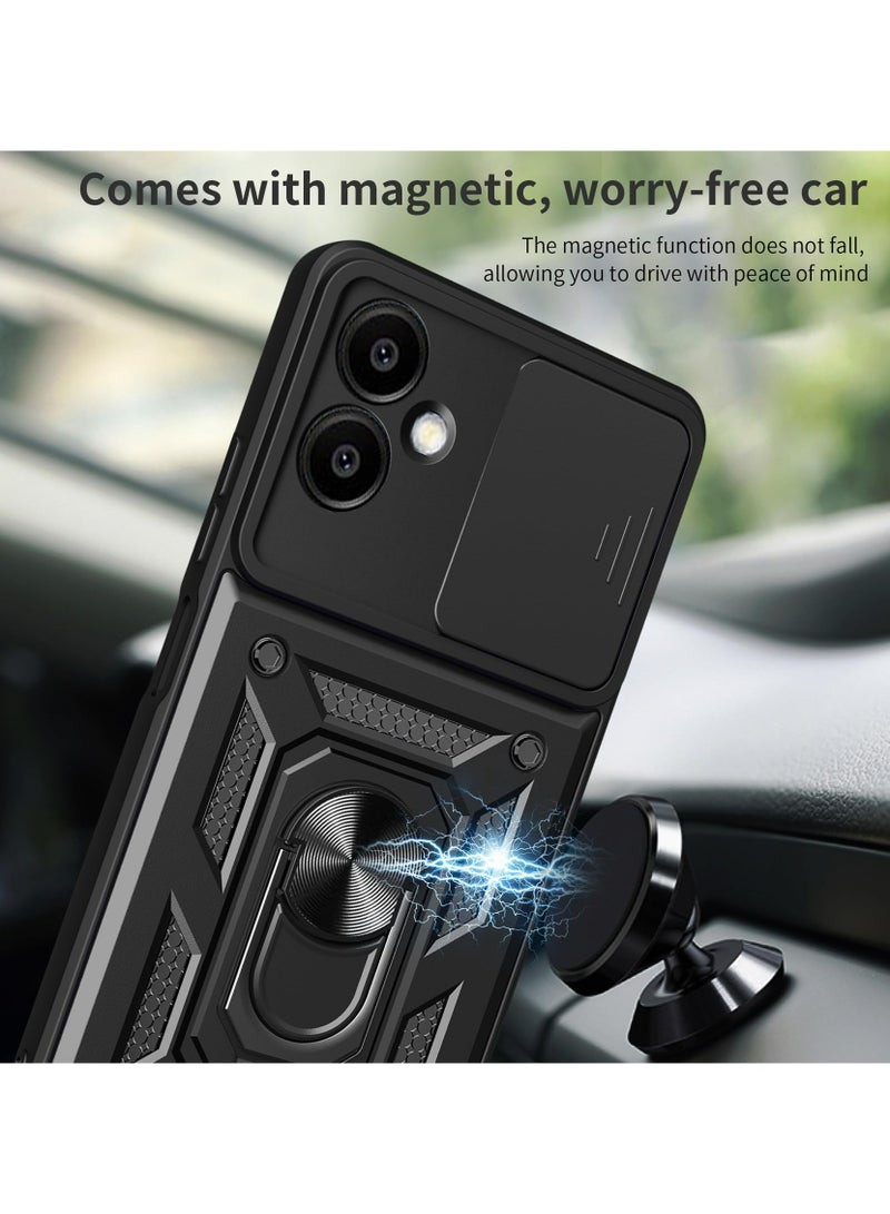 Samsung Galaxy A06 4G Case Cover, Slide Camera Lens Cover + 360°Rotating Kickstand Ring + Support Magnetic Car Mount Shockproof Mobile Phone Case For Samsung Galaxy A06 4G, Black - Image 2