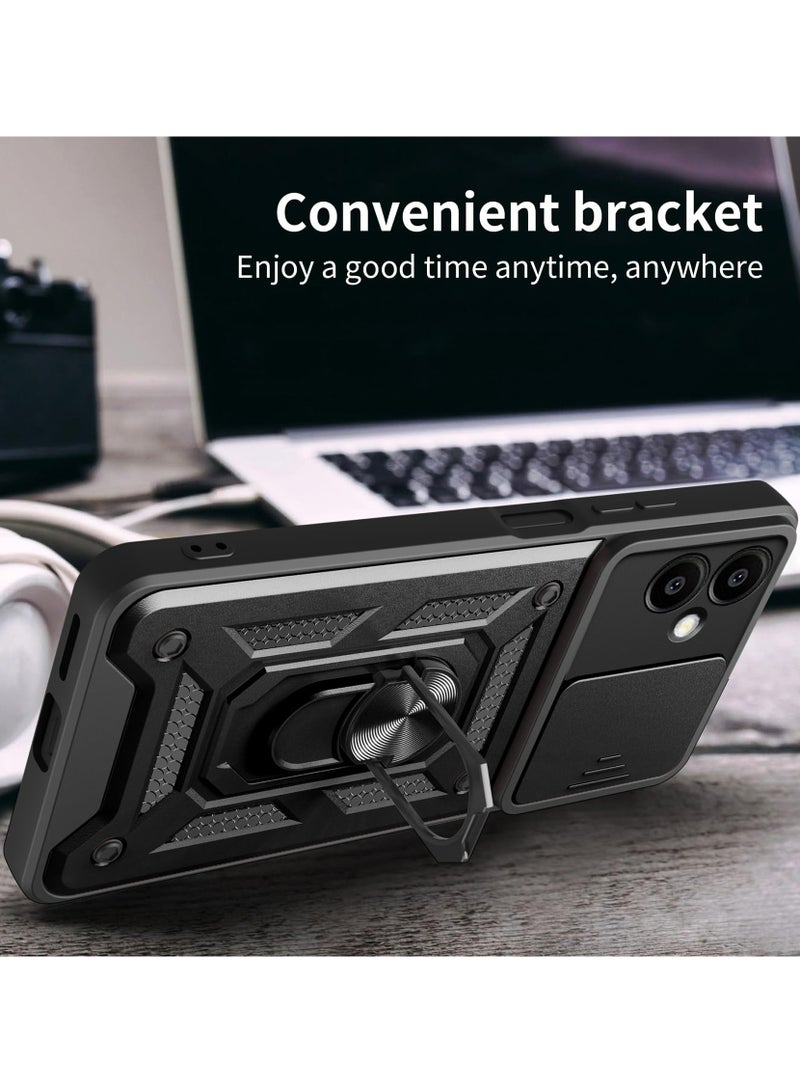Samsung Galaxy A06 4G Case Cover, Slide Camera Lens Cover + 360°Rotating Kickstand Ring + Support Magnetic Car Mount Shockproof Mobile Phone Case For Samsung Galaxy A06 4G, Black - Image 3