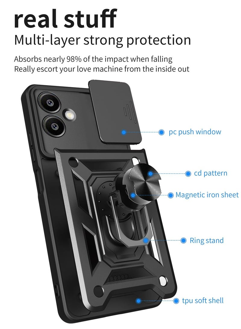 Samsung Galaxy A06 4G Case Cover, Slide Camera Lens Cover + 360°Rotating Kickstand Ring + Support Magnetic Car Mount Shockproof Mobile Phone Case For Samsung Galaxy A06 4G, Black - Image 5
