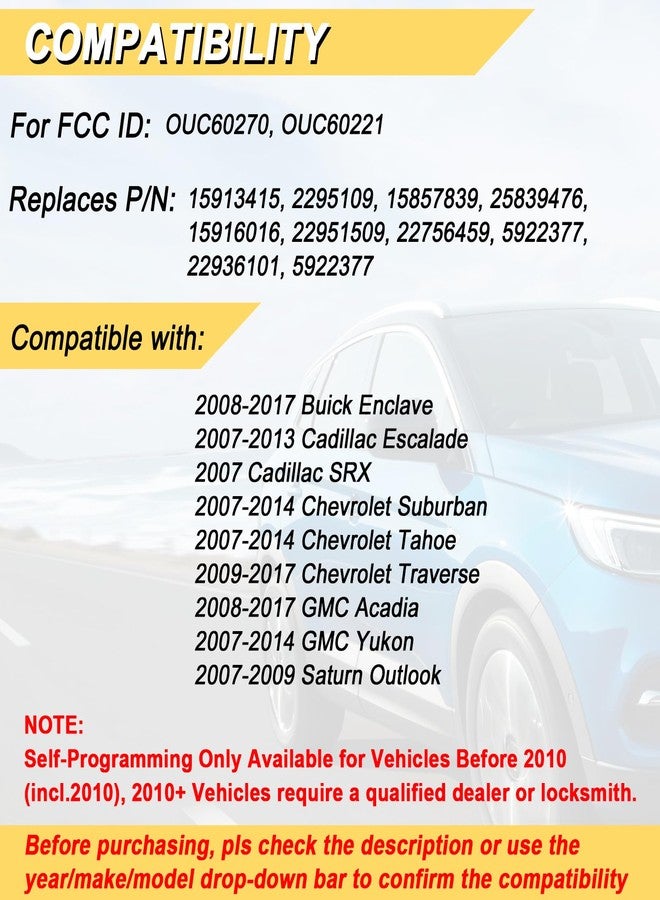 Vurkcy Key Fob Replacement for 07-14 Chevy Suburban Tahoe/ 09-17 Traverse/ 07-14 GMC Yukon/ 08-17 Acadia Buick Enclave/ 07-13 Escalade Car Keyless Entry Remote Control,OUC60270 OUC60221,2Pcs - Image 2