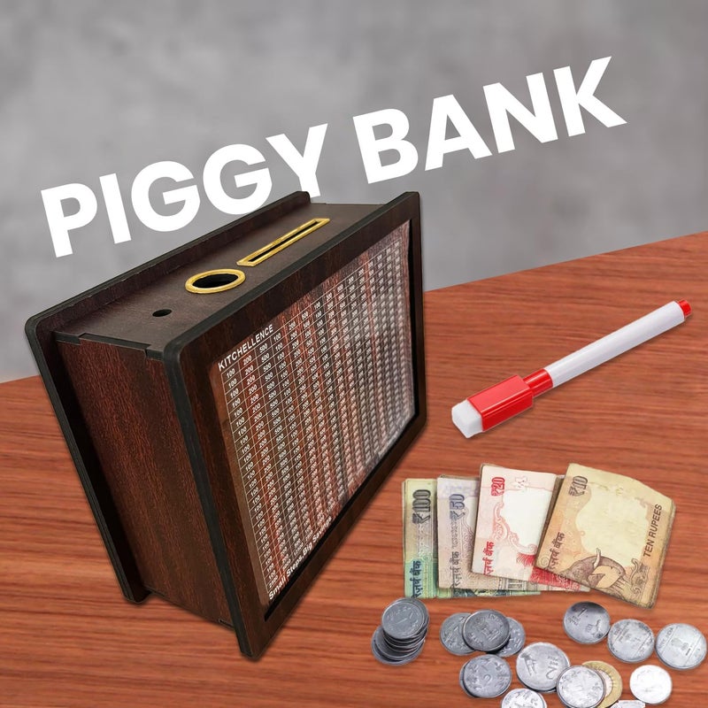 RINKIFY Wooden Piggy Bank for Kids Adults Coin Box with Carved Design Savings Box Mini Bank Donation Box Smart Money Box Wooden Coin Box Money Saver Piggy Bank with Numbers - Image 3