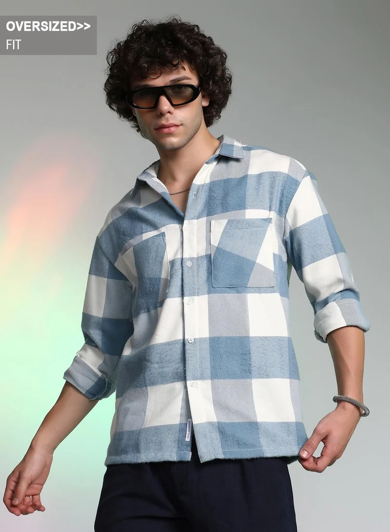 Campus Sutra Campus Sutra Men's Powder Blue Buffalo Utility Shacket For Casual Wear | Spread Collar | Long Cuffed Sleeves | Button Closure | Overshirt/Shacket Crafted With Comfort Fit For Everyday Wear