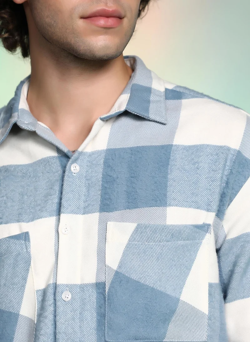 Campus Sutra Campus Sutra Men's Powder Blue Buffalo Utility Shacket For Casual Wear | Spread Collar | Long Cuffed Sleeves | Button Closure | Overshirt/Shacket Crafted With Comfort Fit For Everyday Wear