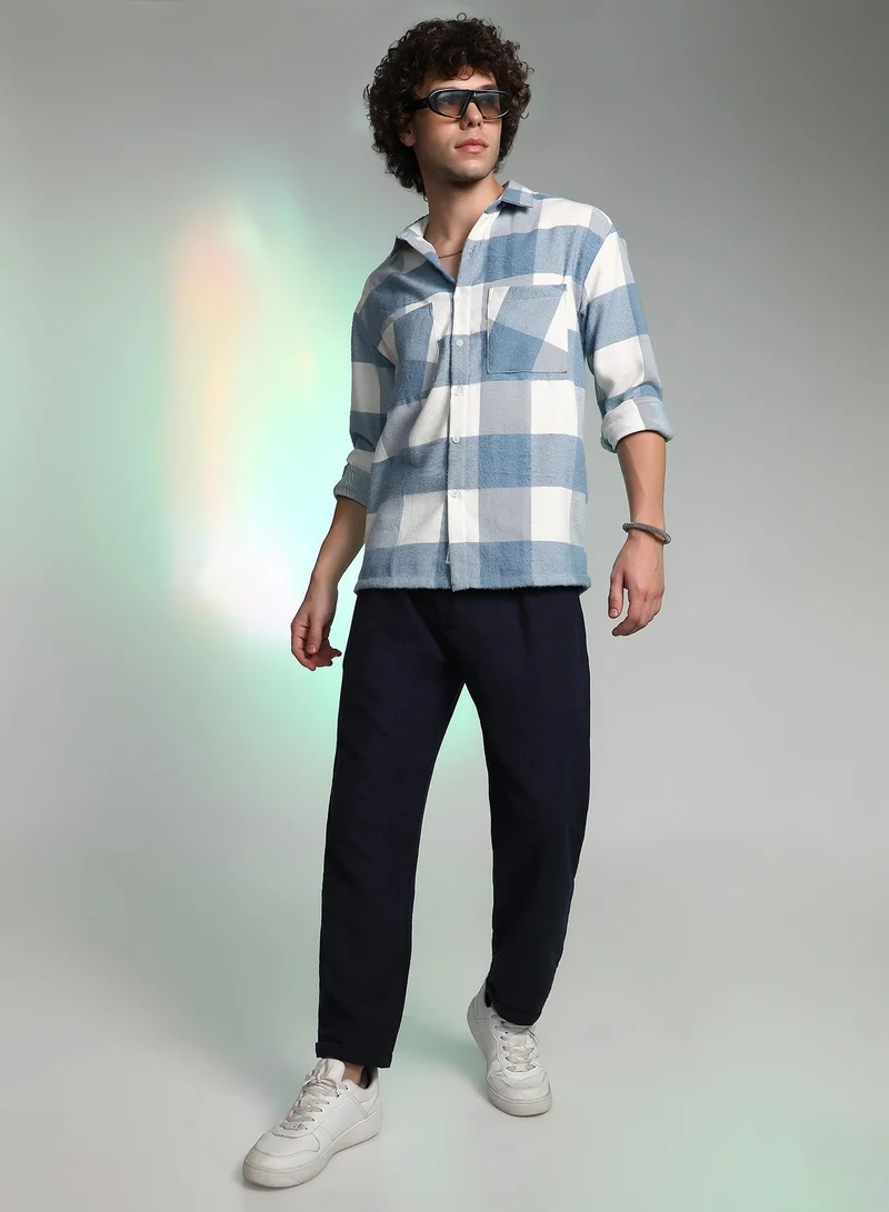 Campus Sutra Campus Sutra Men's Powder Blue Buffalo Utility Shacket For Casual Wear | Spread Collar | Long Cuffed Sleeves | Button Closure | Overshirt/Shacket Crafted With Comfort Fit For Everyday Wear