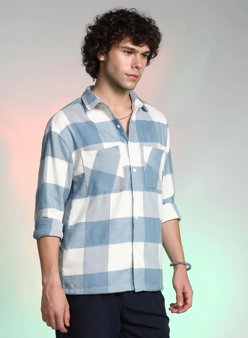 Campus Sutra Campus Sutra Men's Powder Blue Buffalo Utility Shacket For Casual Wear | Spread Collar | Long Cuffed Sleeves | Button Closure | Overshirt/Shacket Crafted With Comfort Fit For Everyday Wear
