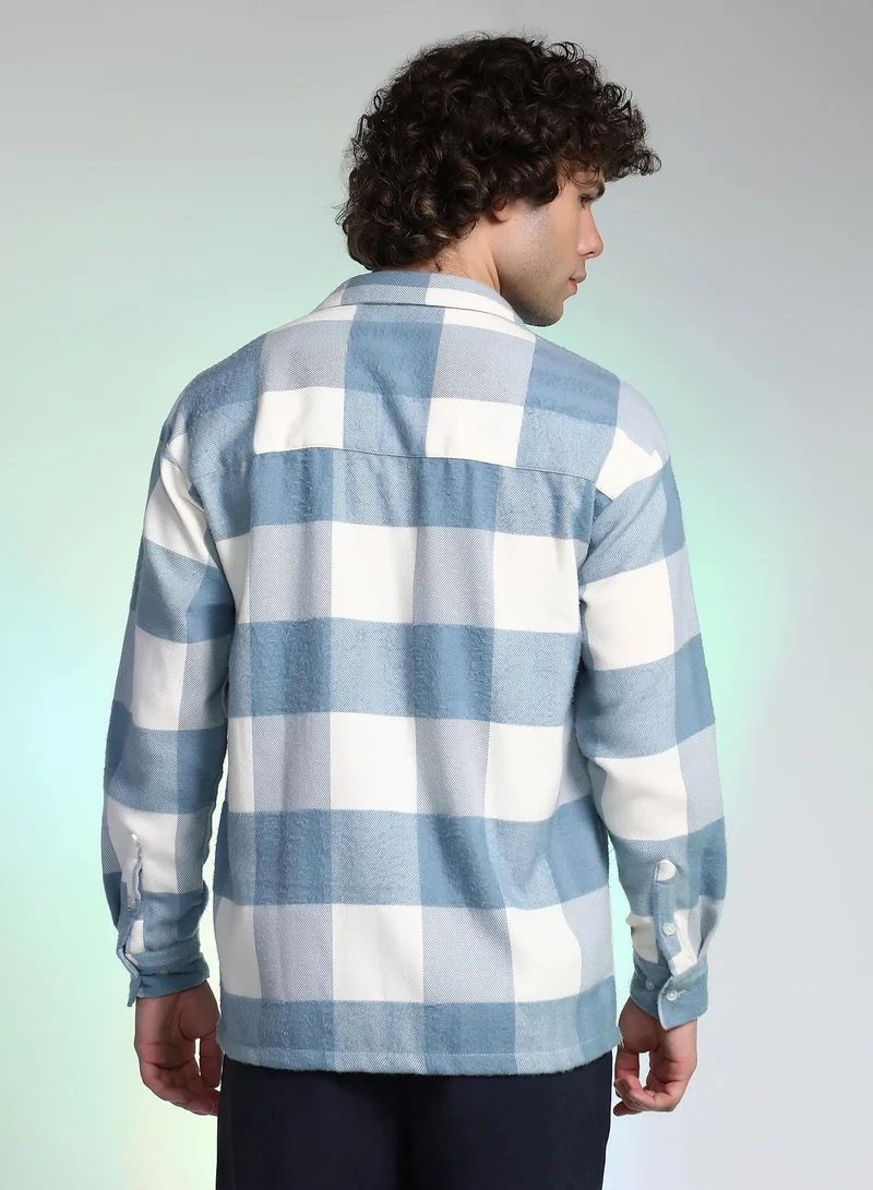Campus Sutra Campus Sutra Men's Powder Blue Buffalo Utility Shacket For Casual Wear | Spread Collar | Long Cuffed Sleeves | Button Closure | Overshirt/Shacket Crafted With Comfort Fit For Everyday Wear