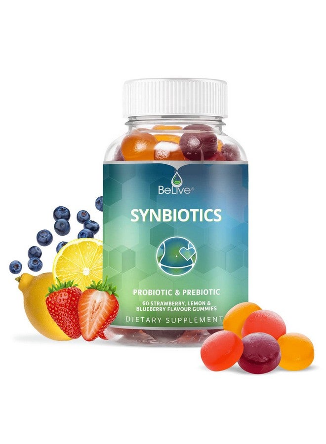 BeLive Synbiotics - Probiotic & Prebiotic Fiber Gummies - High Strength Inulin (3g), Dietary Fiber Supplement, Digestive Support for Kids & Adults - Strawberry, Lemon, Blueberry Flavor (60Ct) - Image 1