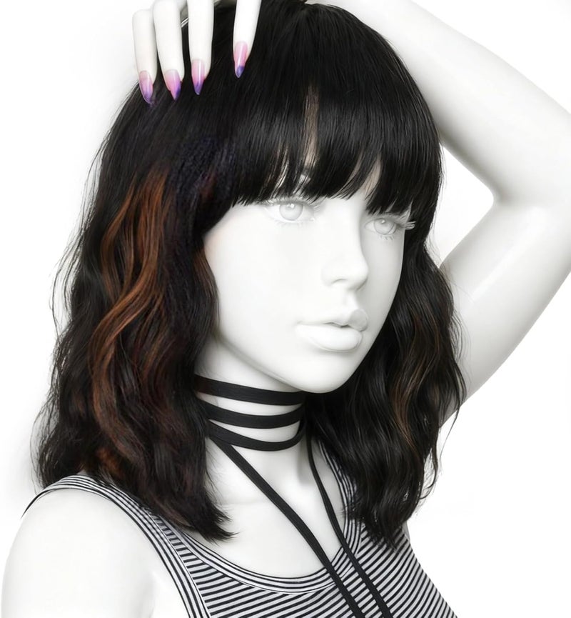 Short Ombre Brown Wig 13.8 In / 35 Cm, Wavy Synthetic Hair With Bangs - Image 1