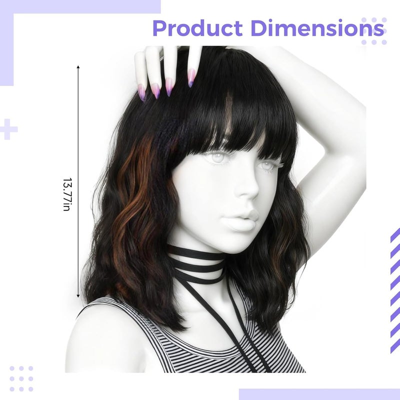 Short Ombre Brown Wig 13.8 In / 35 Cm, Wavy Synthetic Hair With Bangs - Image 3