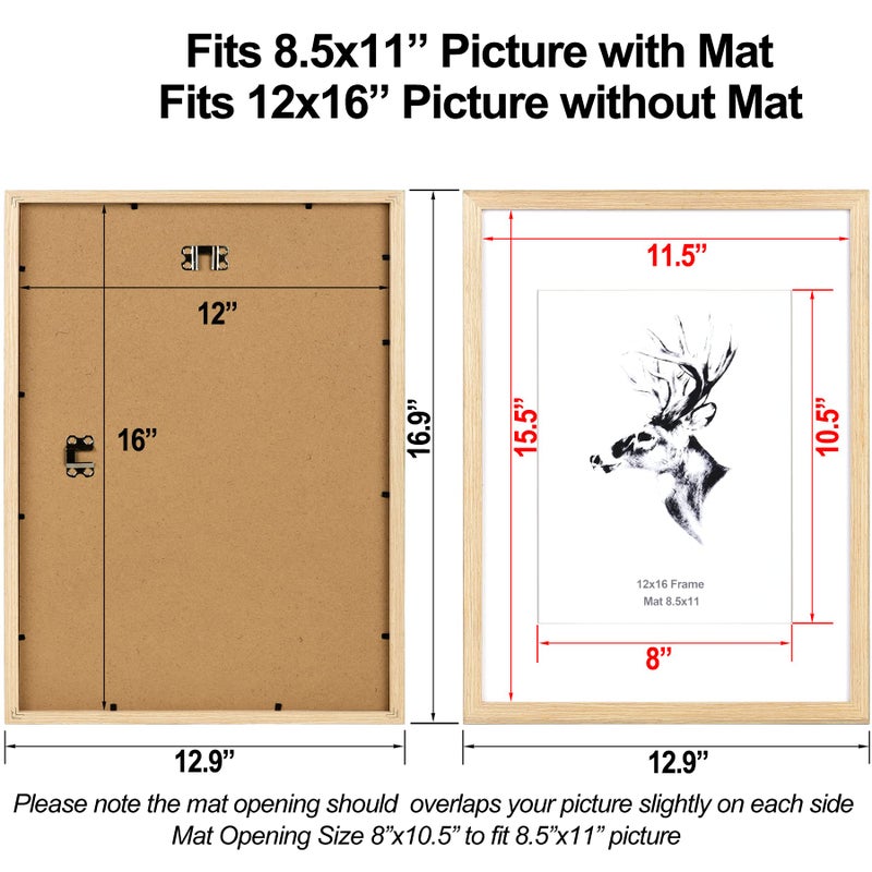 Yaetm 12x16 Picture Frame with Mat for 8.5x11 Set of 2, Natural Solid Oak Wood Frame 12x16 for Photos, Posters & Art Prints, for Horizontal and Vertical Wall Mount (2 pack, Oak) - Image 2