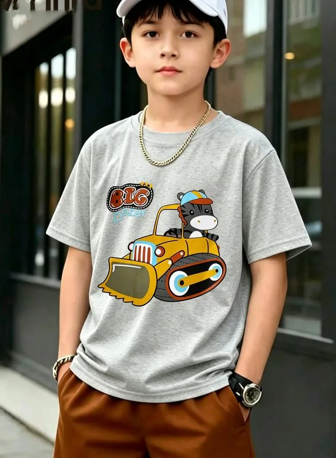 Take Two Boys Grey Cotton Big Dozer Graphic T-Shirt