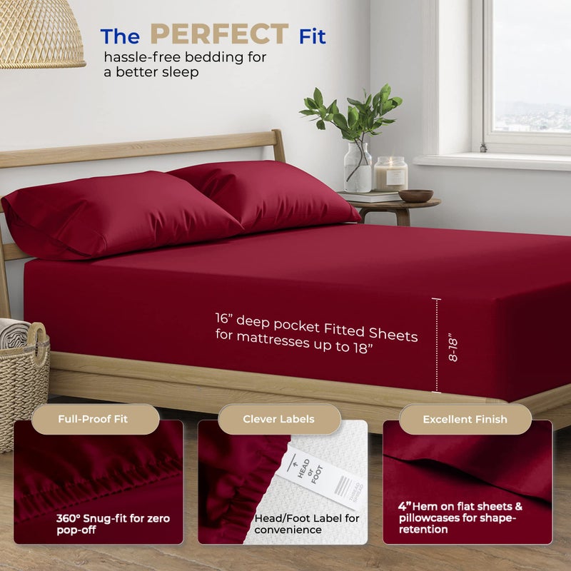 THREAD SPREAD صفائح القطن التوأم Twin XL - 400 عدد الخيوط 100 ٪ من القطن التوأم XL مجموعة 3 PC Twin XL Sheets Sateen Sheets غرف النوم والبالغين جيوب عميقة سهلة الملاءمة (burgundy) - Image 4