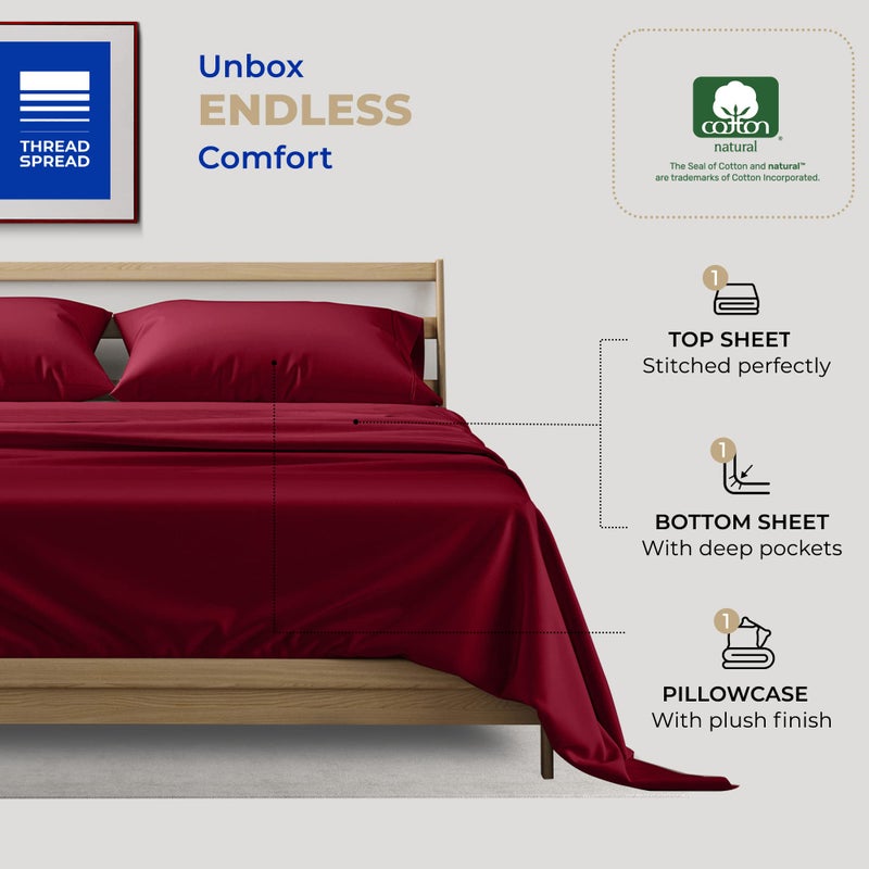 THREAD SPREAD صفائح القطن التوأم Twin XL - 400 عدد الخيوط 100 ٪ من القطن التوأم XL مجموعة 3 PC Twin XL Sheets Sateen Sheets غرف النوم والبالغين جيوب عميقة سهلة الملاءمة (burgundy) - Image 3