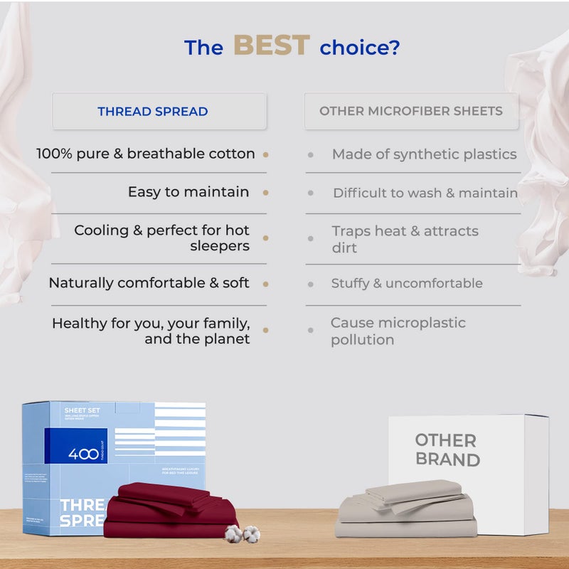 THREAD SPREAD صفائح القطن التوأم Twin XL - 400 عدد الخيوط 100 ٪ من القطن التوأم XL مجموعة 3 PC Twin XL Sheets Sateen Sheets غرف النوم والبالغين جيوب عميقة سهلة الملاءمة (burgundy) - Image 5
