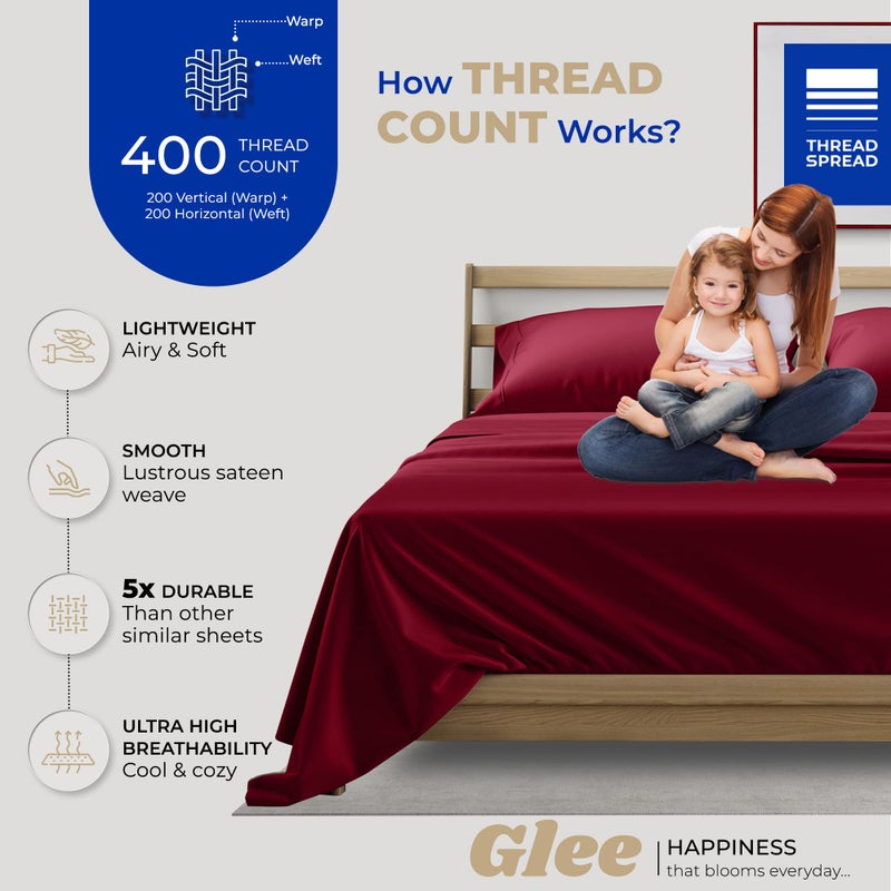 THREAD SPREAD صفائح القطن التوأم Twin XL - 400 عدد الخيوط 100 ٪ من القطن التوأم XL مجموعة 3 PC Twin XL Sheets Sateen Sheets غرف النوم والبالغين جيوب عميقة سهلة الملاءمة (burgundy) - Image 2