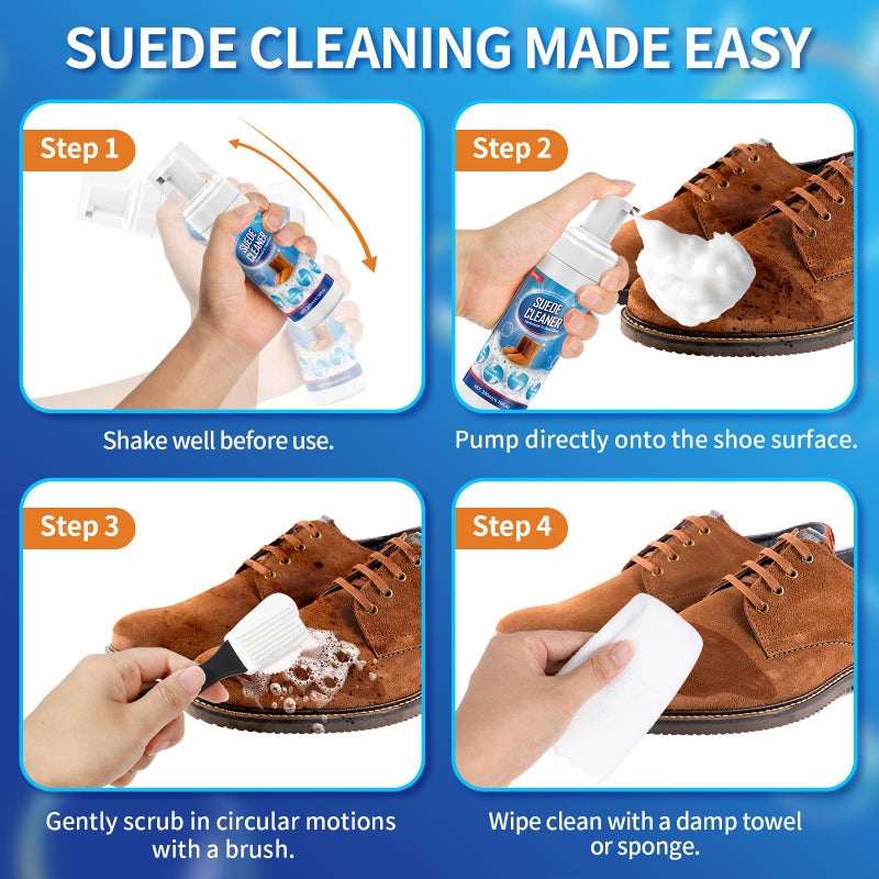 Jevvu Suede Shoe Cleaner, 6.76 fl oz Suede and Nubuck Cleaning Kit with Brush & Towel, Removes Dirt & Stains for Shoes - Image 4