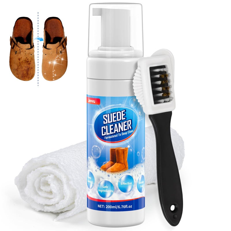 Jevvu Suede Shoe Cleaner, 6.76 fl oz Suede and Nubuck Cleaning Kit with Brush & Towel, Removes Dirt & Stains for Shoes - Image 1