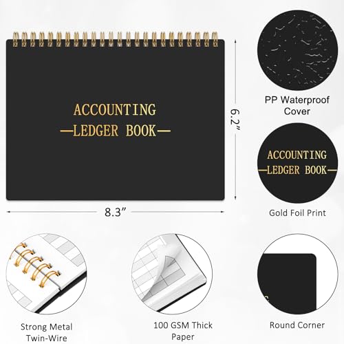 HAUTOCO Accounting Ledger Book A5 Horizontal Ledger Books for Small Business Bookkeeping Expense Tracker Notebook for Home Budget Tracking Personal Finance Log Journal 8.3 x 6.2'', Black - Image 2