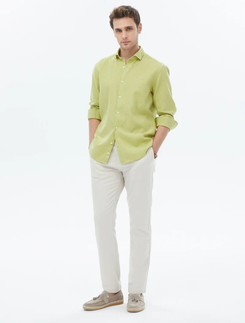 Kip Oil Green Plain Regular Fit Woven Casual Cotton Blend Shirt
