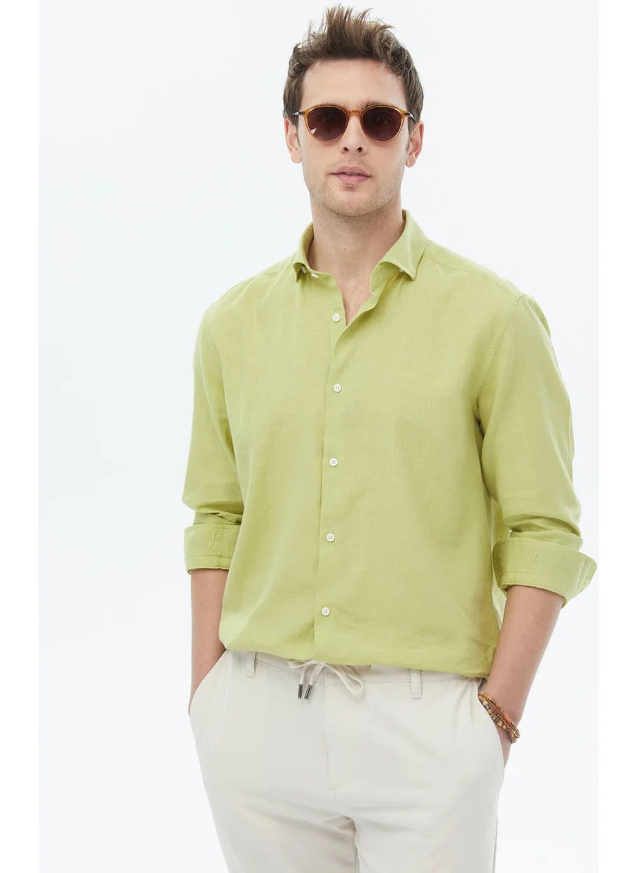 Kip Oil Green Plain Regular Fit Woven Casual Cotton Blend Shirt