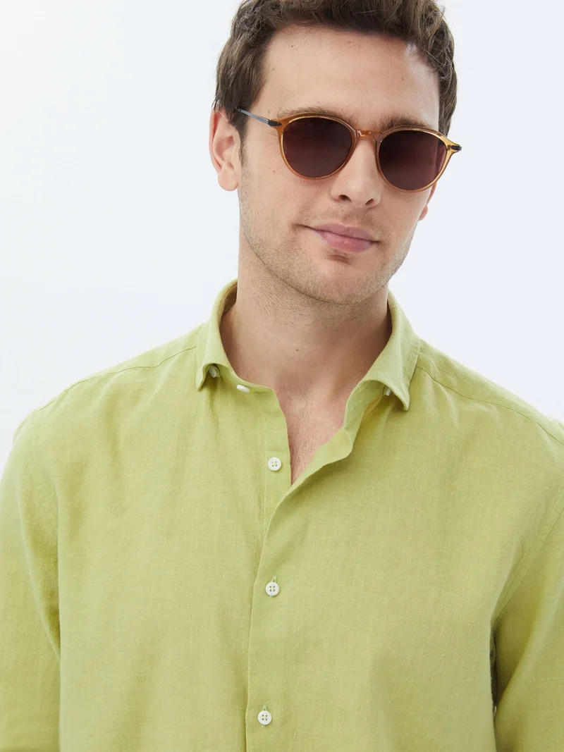Kip Oil Green Plain Regular Fit Woven Casual Cotton Blend Shirt