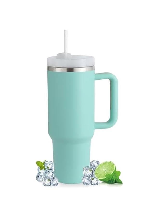 40oz Tumbler with Handle Straw Lid, Stainless Steel Vacuum Insulated Reusable Travel Mug Keep Drinks Cold Ice Gym Cup, Gifts for Women Men Lovers, Car Holder Friendly, Mint Green - Image 1