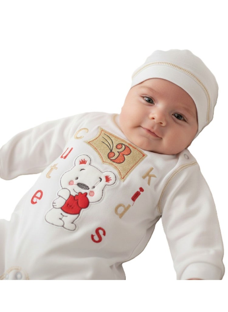 Egyptian Cotton 2 Piece White Jumpsuit and Ice Cap with Snaps, Embroidery Colors, Suitable for Newborn