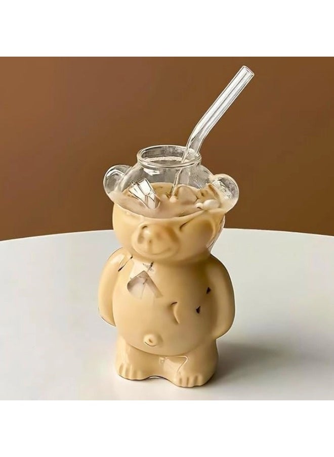 ShebSheb Bear Glass Cup With Straw,Clear Cute Bear Coffee Mug  - Image 1