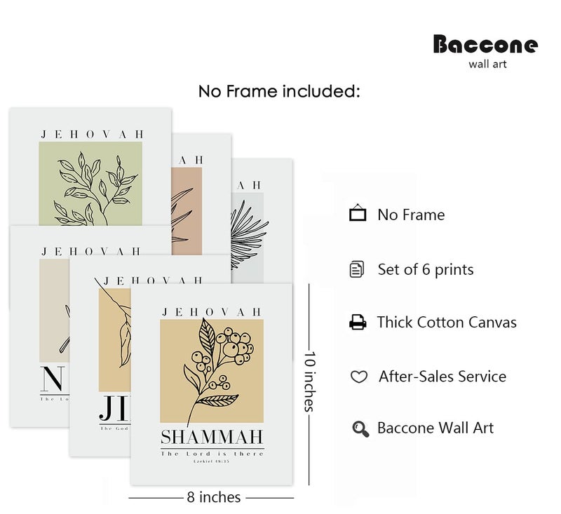 Baccone Bible Wall Art Print Set of 6 Christian Scripture Wall Art Decor Jehovah Jireh Rapha Shalom Shammah Nissi Raah Wall Art Bible Verse Poster Modern Minimalist for Living Room Bedroom 8x10 Inch UNFRAMED - Image 2