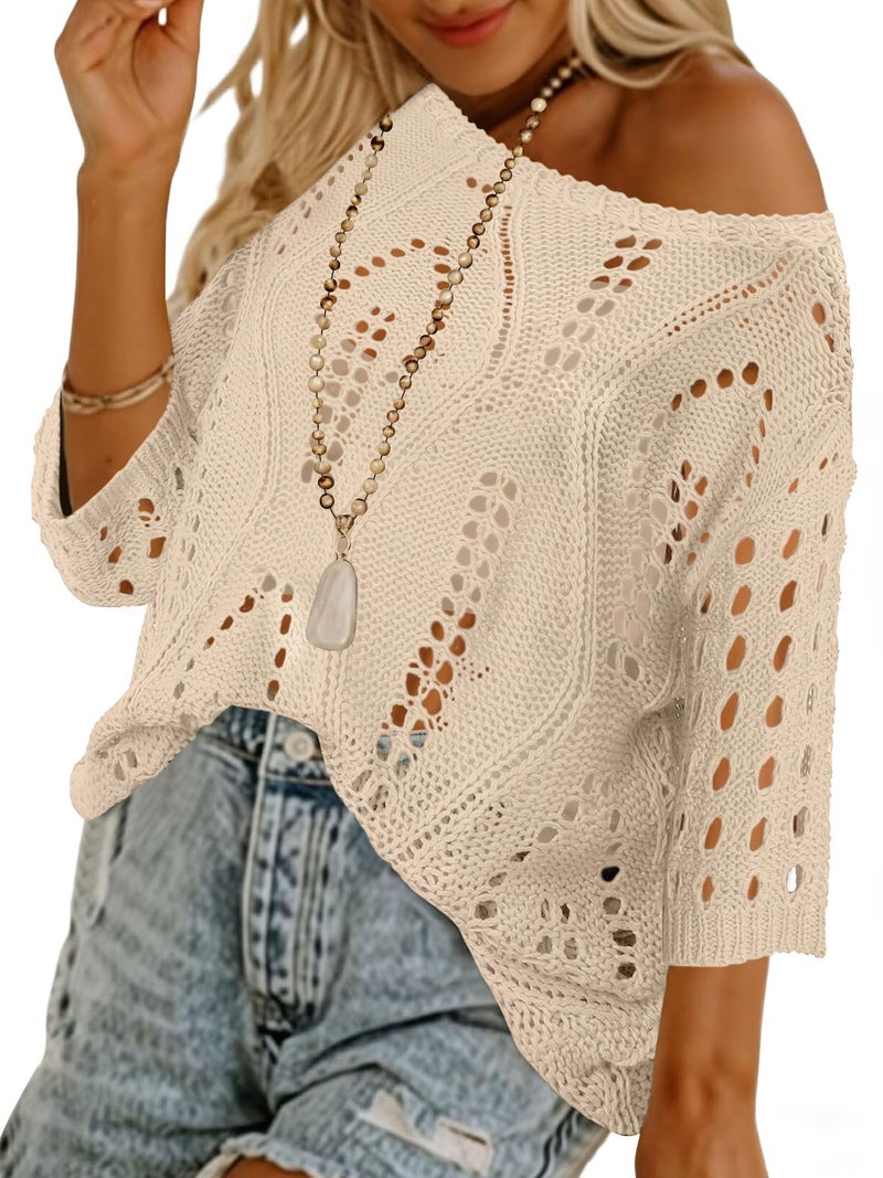 CRAZY GRID 2026 Summer Womens Tops Spring Crochet Hollow Out 3/4 Sleeve Pullover Sweaters Oversized T-Shirts Swim Suits Beach Cover Ups Apricot Medium - Image 2